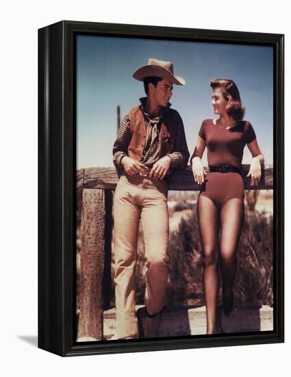 RIO BRAVO, 1959 directed by HOWARD HAWKS On the set, Ricky Nelson and Angie Dickinson (photo)-null-Framed Stretched Canvas