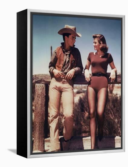 RIO BRAVO, 1959 directed by HOWARD HAWKS On the set, Ricky Nelson and Angie Dickinson (photo)-null-Framed Stretched Canvas