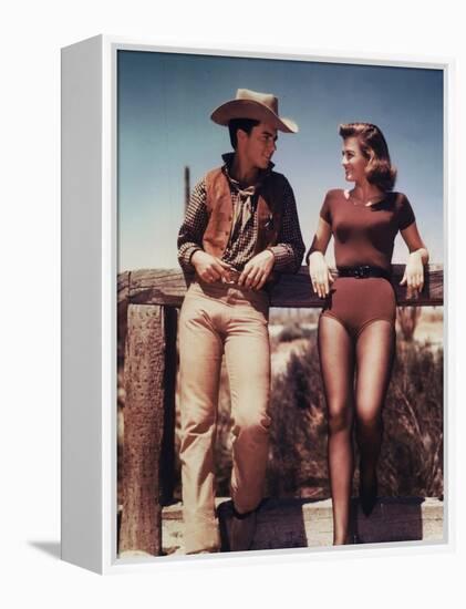 RIO BRAVO, 1959 directed by HOWARD HAWKS On the set, Ricky Nelson and Angie Dickinson (photo)-null-Framed Stretched Canvas