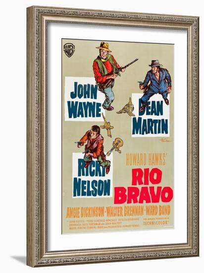 RIO BRAVO, clockwise: John Wayne, Dean Martin, Ricky Nelson on German poster art, 1959.-null-Framed Art Print