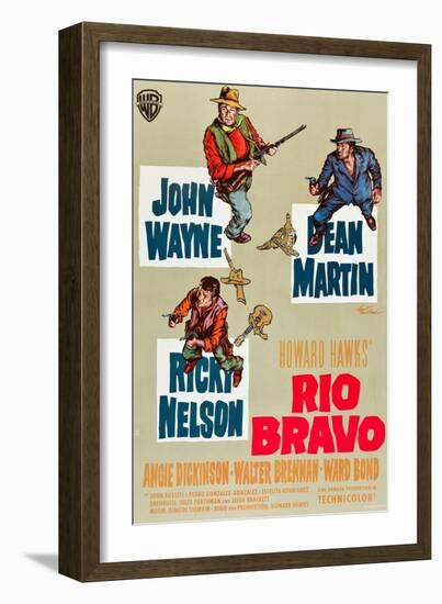 RIO BRAVO, clockwise: John Wayne, Dean Martin, Ricky Nelson on German poster art, 1959.-null-Framed Art Print