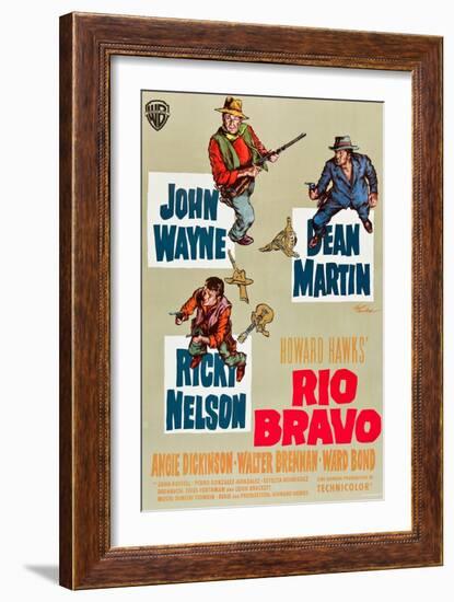 RIO BRAVO, clockwise: John Wayne, Dean Martin, Ricky Nelson on German poster art, 1959.-null-Framed Art Print