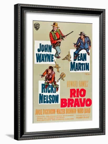 RIO BRAVO, clockwise: John Wayne, Dean Martin, Ricky Nelson on German poster art, 1959.-null-Framed Art Print