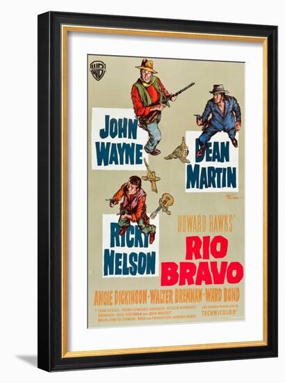 RIO BRAVO, clockwise: John Wayne, Dean Martin, Ricky Nelson on German poster art, 1959.-null-Framed Art Print