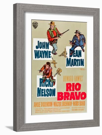 RIO BRAVO, clockwise: John Wayne, Dean Martin, Ricky Nelson on German poster art, 1959.-null-Framed Premium Giclee Print