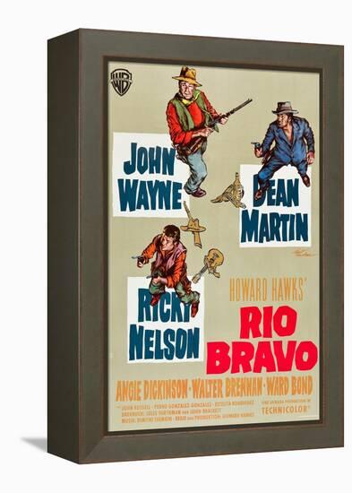 RIO BRAVO, clockwise: John Wayne, Dean Martin, Ricky Nelson on German poster art, 1959.-null-Framed Stretched Canvas