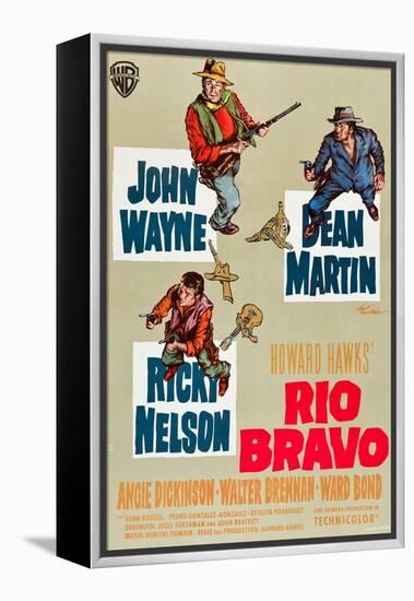 RIO BRAVO, clockwise: John Wayne, Dean Martin, Ricky Nelson on German poster art, 1959.-null-Framed Stretched Canvas