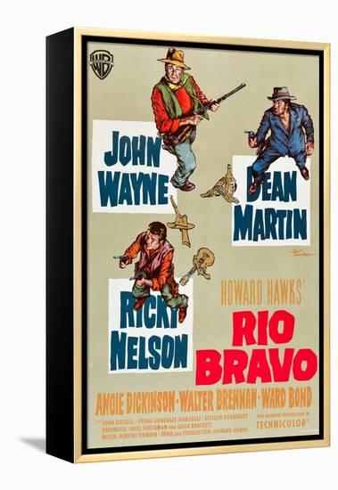 RIO BRAVO, clockwise: John Wayne, Dean Martin, Ricky Nelson on German poster art, 1959.-null-Framed Stretched Canvas