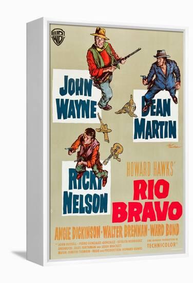 RIO BRAVO, clockwise: John Wayne, Dean Martin, Ricky Nelson on German poster art, 1959.-null-Framed Stretched Canvas