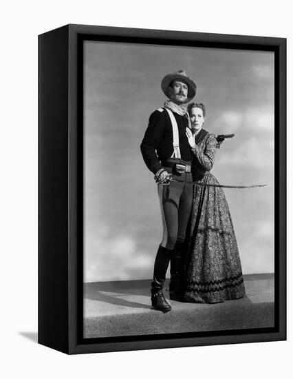 Rio Grande by JohnFord with John Wayne and Maureen O'Hara, 1950 (b/w photo)-null-Framed Stretched Canvas