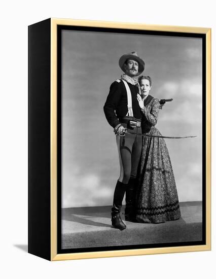 Rio Grande by JohnFord with John Wayne and Maureen O'Hara, 1950 (b/w photo)-null-Framed Stretched Canvas
