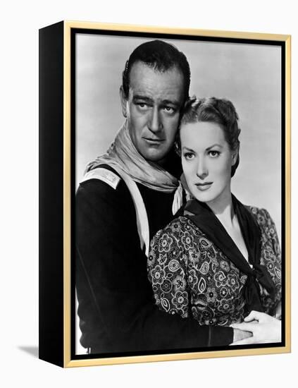 Rio Grande by JohnFord with John Wayne and Maureen O'Hara, 1950 (b/w photo)-null-Framed Stretched Canvas