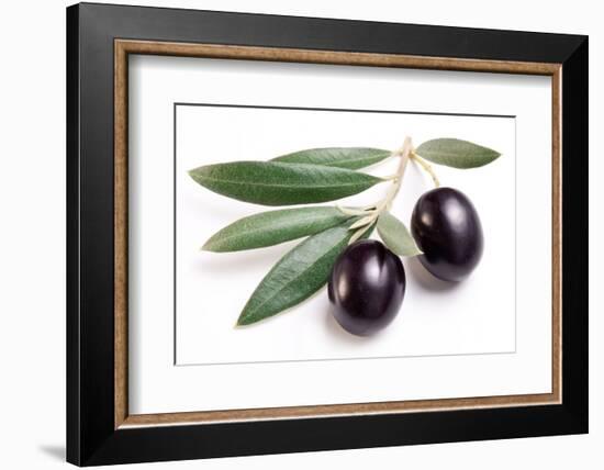 Ripe Black Olives with Leaves on a White Background-Volff-Framed Photographic Print