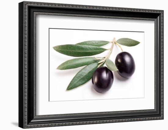 Ripe Black Olives with Leaves on a White Background-Volff-Framed Photographic Print