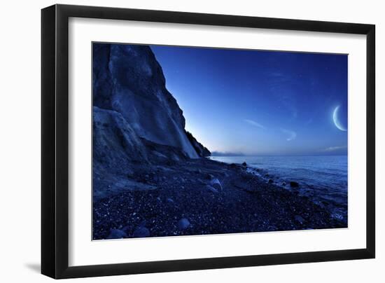 Rising Moon over Ocean and Mountains Against Starry Sky-null-Framed Photographic Print