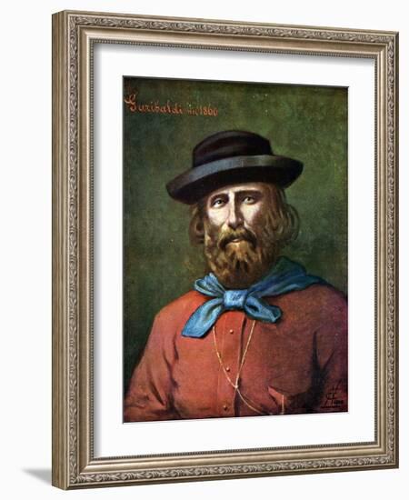 Risorgimento: “” Portrait of the Italian Patriot Giuseppe Garibaldi (1807-1882) in 1860”” Illustrat-Tancredi Scarpelli-Framed Giclee Print