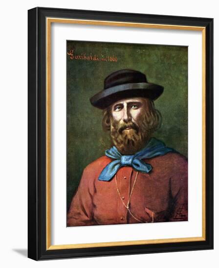 Risorgimento: “” Portrait of the Italian Patriot Giuseppe Garibaldi (1807-1882) in 1860”” Illustrat-Tancredi Scarpelli-Framed Giclee Print