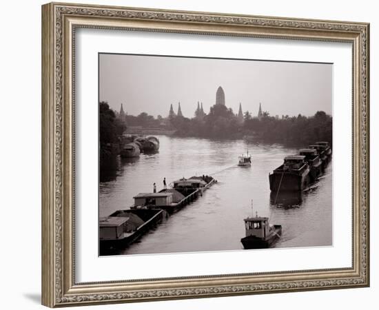 River Barges Coming Down on Chao Phraya River with a View of Wat Chaiwatthanaram, 1980-null-Framed Photographic Print