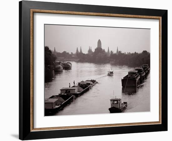 River Barges Coming Down on Chao Phraya River with a View of Wat Chaiwatthanaram, 1980-null-Framed Photographic Print