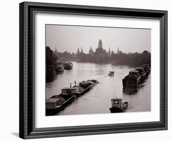 River Barges Coming Down on Chao Phraya River with a View of Wat Chaiwatthanaram, 1980-null-Framed Photographic Print