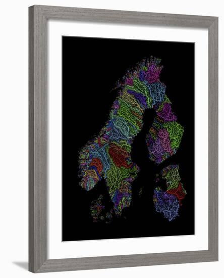 River Basins Of Scandinavia In Rainbow Colours-Grasshopper Geography-Framed Giclee Print