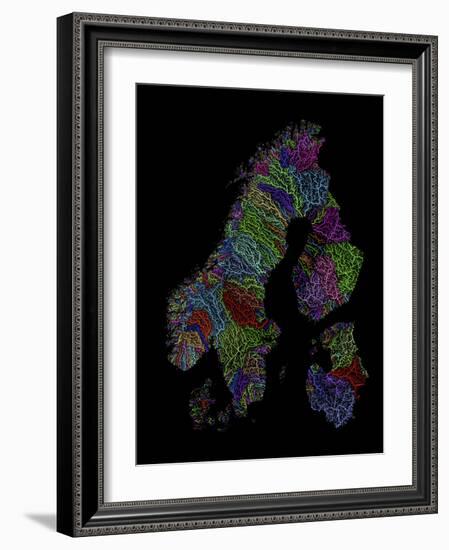 River Basins Of Scandinavia In Rainbow Colours-Grasshopper Geography-Framed Giclee Print