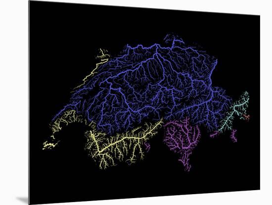 River Basins Of Switzerland In Rainbow Colours-Grasshopper Geography-Mounted Giclee Print