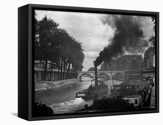 River Boat Smoke Passes along the River Seine-Andreas Feininger-Framed Premier Image Canvas