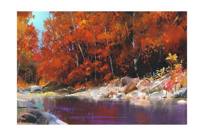River In The Autumn Forest Landscape Painting Art Print Tithi Luadthong Art Com