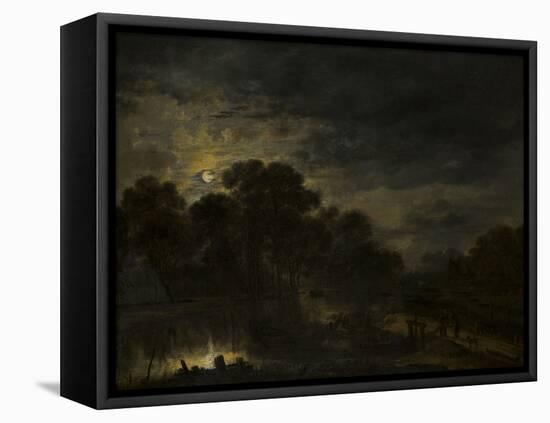 River landscape by Moonlight by Aert van der Neer-Aert van der Neer-Framed Premier Image Canvas