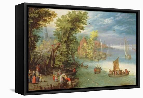 River Landscape with a Village and a Landing, 1612-Jan Brueghel the Elder-Framed Premier Image Canvas