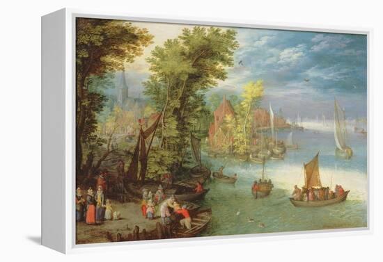 River Landscape with a Village and a Landing, 1612-Jan Brueghel the Elder-Framed Premier Image Canvas