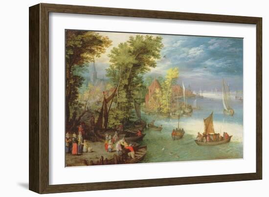 River Landscape with a Village and a Landing, 1612-Jan Brueghel the Elder-Framed Giclee Print