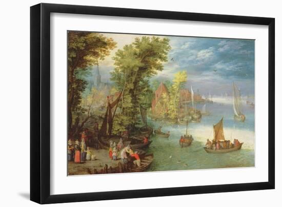 River Landscape with a Village and a Landing, 1612-Jan Brueghel the Elder-Framed Giclee Print