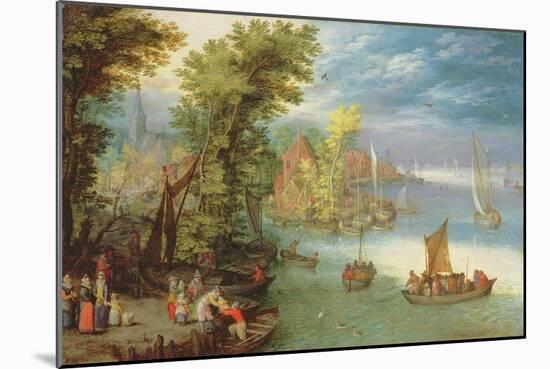 River Landscape with a Village and a Landing, 1612-Jan Brueghel the Elder-Mounted Giclee Print