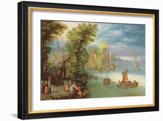 River Landscape with a Village and a Landing, 1612-Jan Brueghel the Elder-Framed Giclee Print