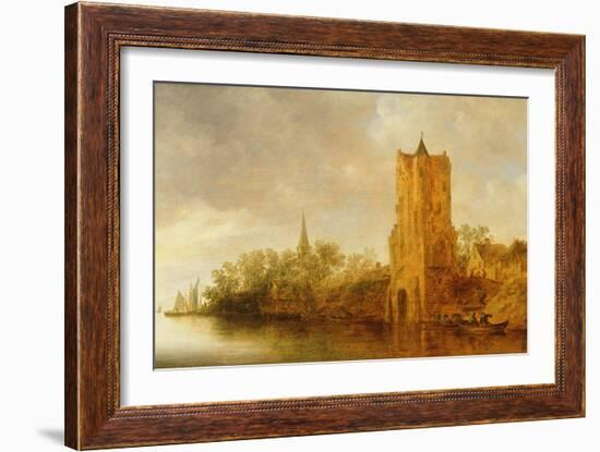 River Landscape with Ferries Docked before a Tower, 1640s-Jan Van Goyen-Framed Giclee Print