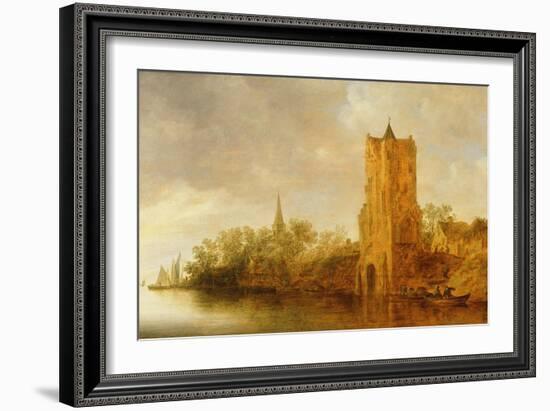 River Landscape with Ferries Docked before a Tower, 1640s-Jan Van Goyen-Framed Giclee Print