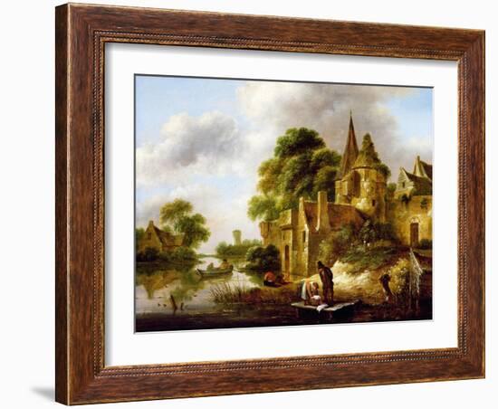 River Landscape with Peasants Near a Castle-Claes Molenaer-Framed Giclee Print