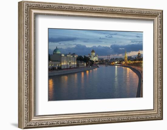 River Moskva and the Cathedral of Christ the Redeemer and the Kremlin at Night, Moscow, Russia-Martin Child-Framed Photographic Print