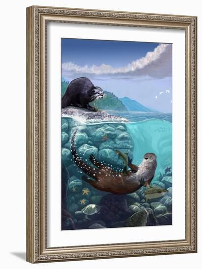 River Otters - Underwater Scene-Lantern Press-Framed Art Print