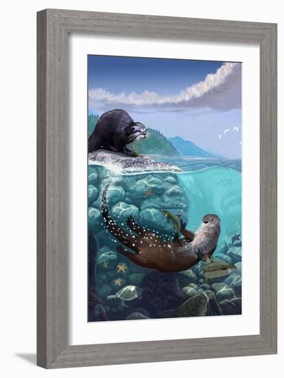 River Otters - Underwater Scene-Lantern Press-Framed Art Print