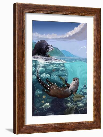 River Otters - Underwater Scene-Lantern Press-Framed Art Print