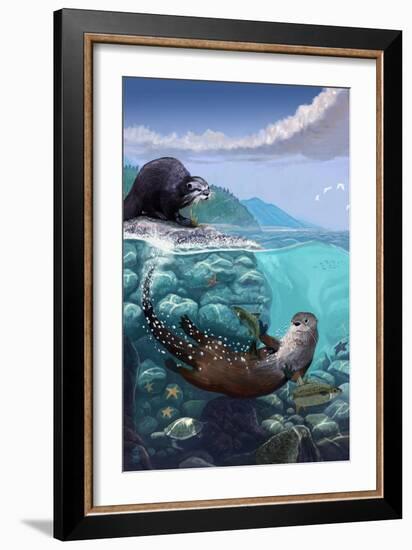 River Otters - Underwater Scene-Lantern Press-Framed Art Print