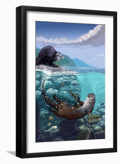 River Otters - Underwater Scene-Lantern Press-Framed Art Print