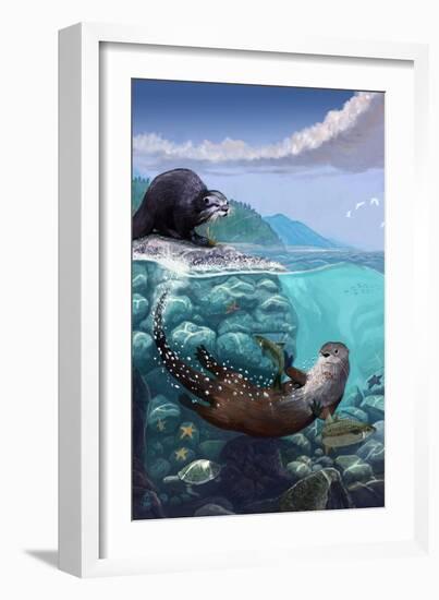 River Otters - Underwater Scene-Lantern Press-Framed Art Print