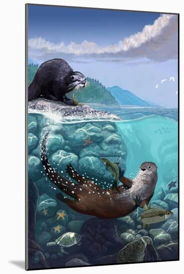 River Otters - Underwater Scene-Lantern Press-Mounted Art Print