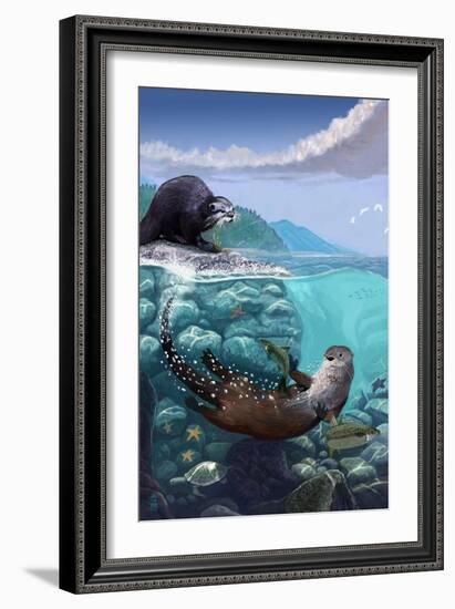 River Otters - Underwater Scene-Lantern Press-Framed Art Print