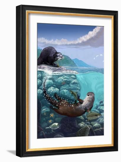 River Otters - Underwater Scene-Lantern Press-Framed Art Print