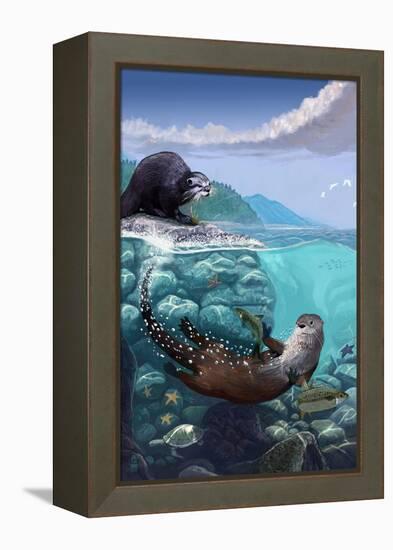 River Otters - Underwater Scene-Lantern Press-Framed Stretched Canvas